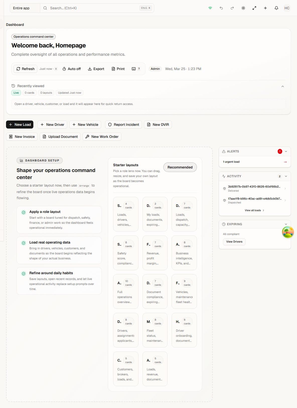 Four Ways TMS operations overview — dispatch board, safety, fleet, and compliance in one view